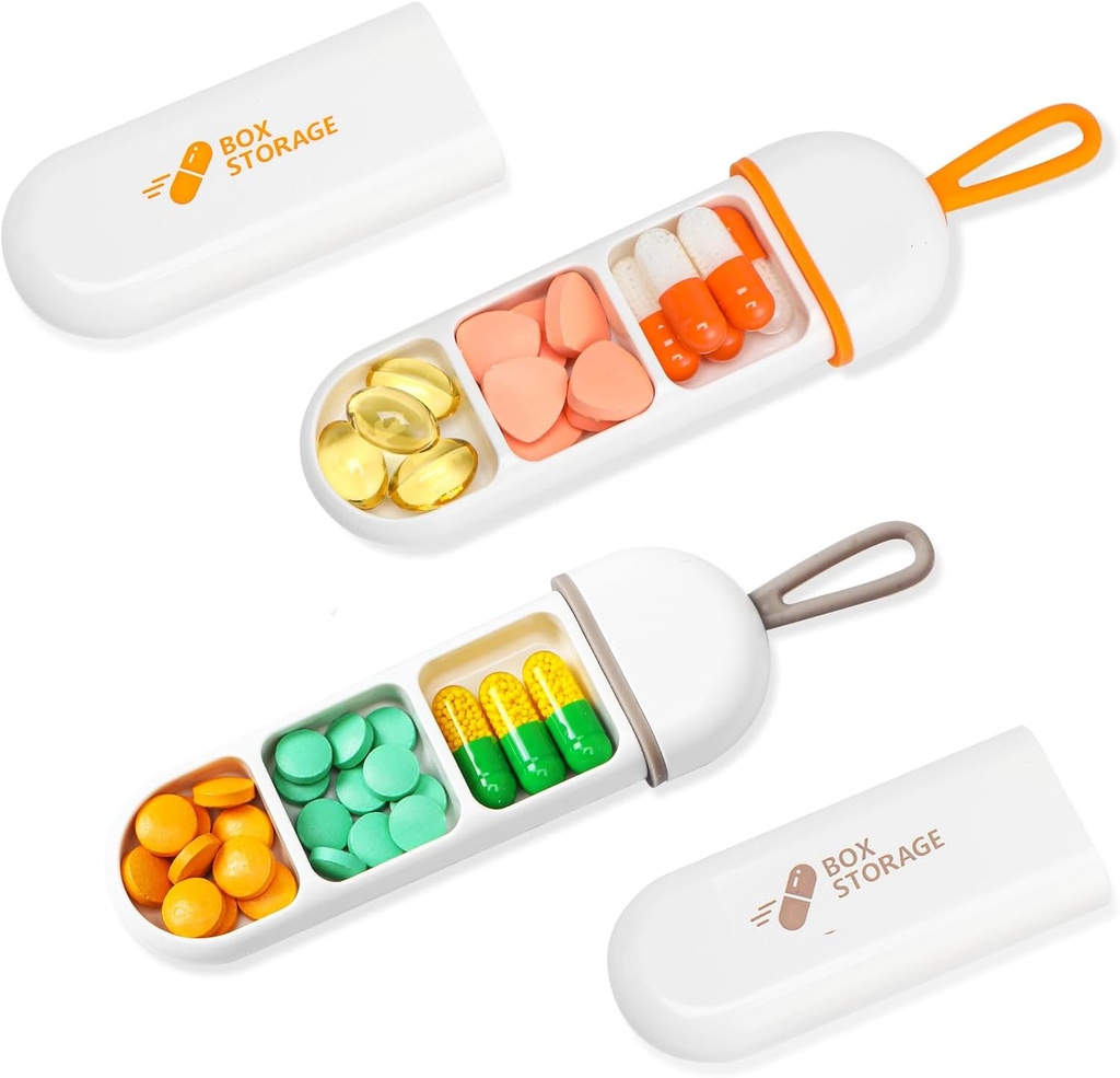 Toplive 2 Pack Travel Pill Organizer, Kannettava pilleri Container Mini Päivittäinen Pill Organizer, Pieni pilleri tapauksessa Matka Medicine Organizer tasku vitamiini täydentää kalaöljylaatikko, valkoinen oranssi ja valkoinen harmaa