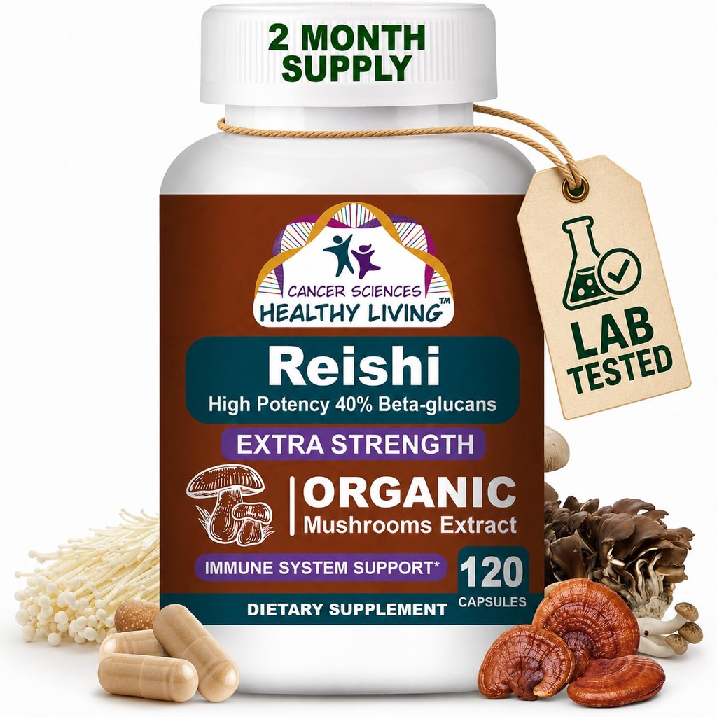 CANCER SCIENCES Reishi Wellness Mushroom Supplement Capsules, USDA Certified Organic Mushrooms Extract, Extra Strength 1,500 mg, High Potency 40% Beta-Glucans, Immune Support, Anti-aging, 120 kapslar