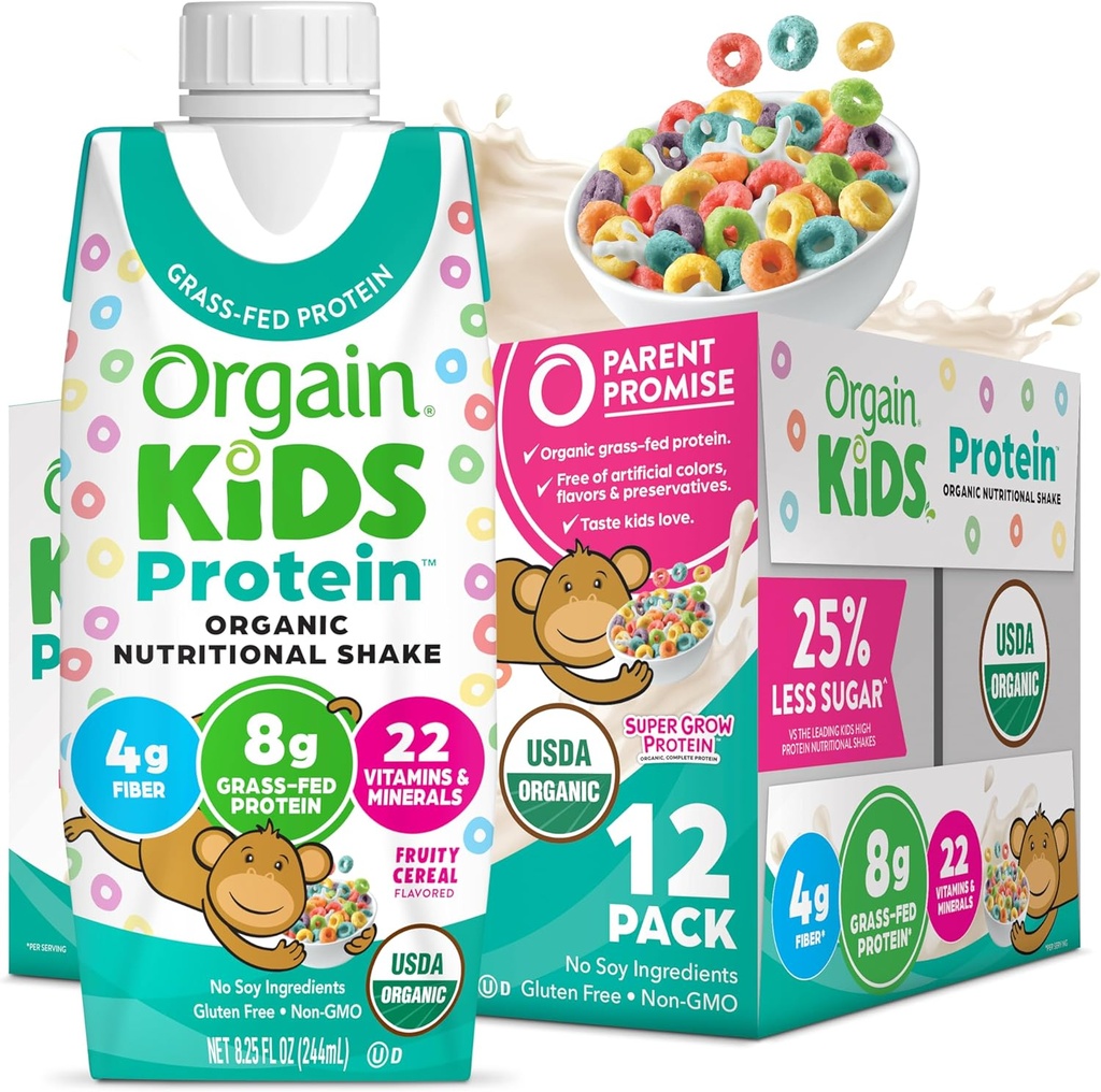 Orgain Organic Kids Nutritional Protein Shake, Fruity Cereal - Kids Snacks med 8g Dairy Protein, 22 Vitaminer & Minerals, Fruits & Vegetables, Gluten Free, Soy Free, Non-GMO, 8.25 Fl Oz (Pack av 12)