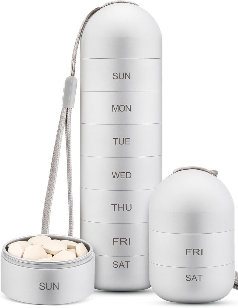 Zannaki Metal Moisture Proof Weekly Pill Organizer, Stackable Aluminum Alloy BPA Free Travel Hiking 7 Day Pill Box Case Waterproof och Large Compartment to Hold Pills, Vitamins, Fish Oil, Supplements