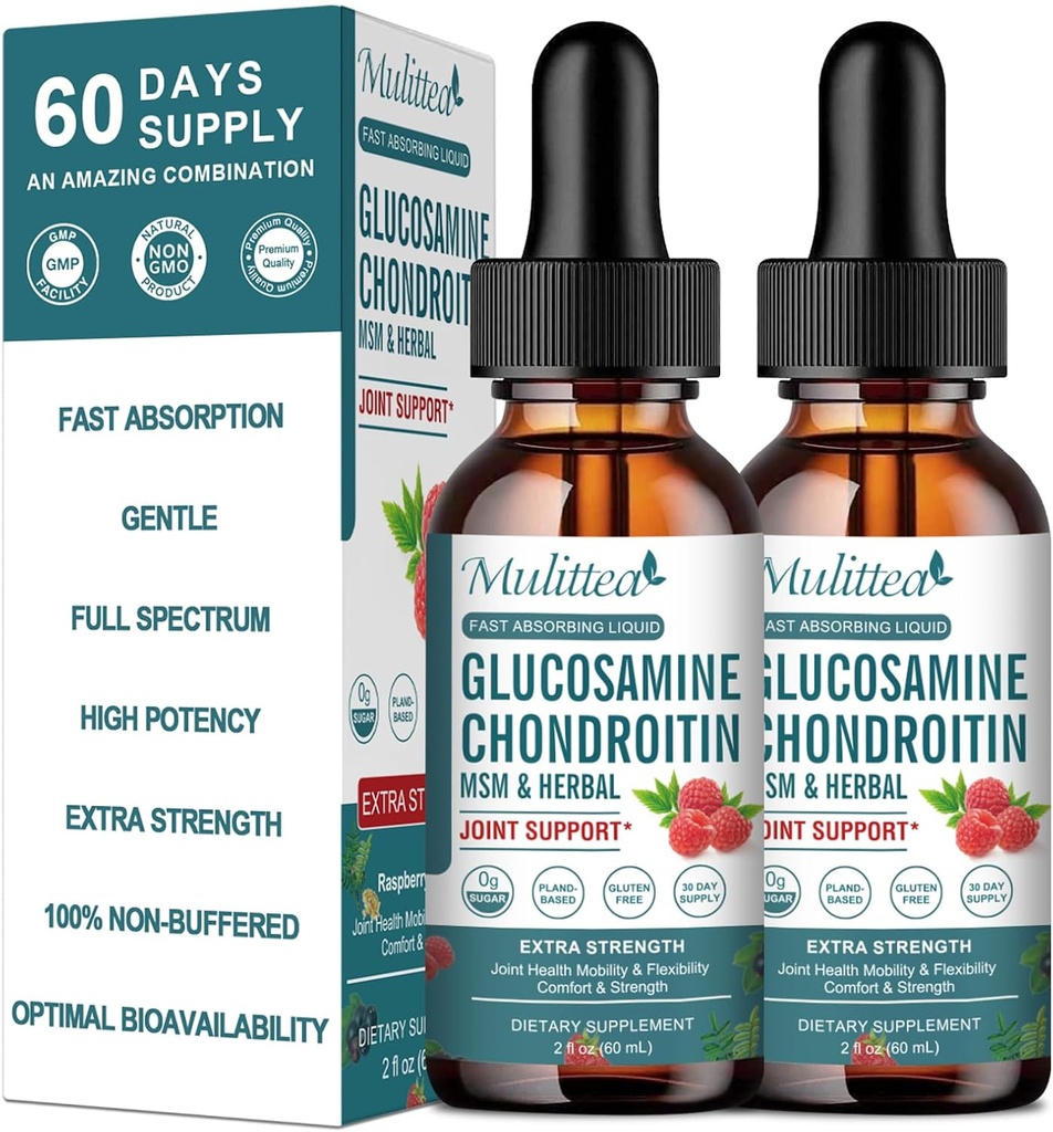 (2 pakkaus) Glukosamiini Chondroitin MSM Liquid Drops - Extra Strength Joint Support Supplement with Elderberry, Boswelia, bromelain, Hyaluronic Acid - Antioksidantti Immuuni tuki aikuisille, miehet & naiset