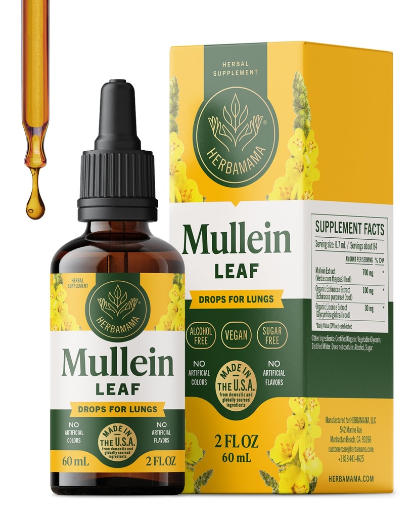HERBAMAMA Mullein Drops for Keuhkot - Vegan Mullein Leaf Extract for Lungs Cleanse Support - Ei-GMO, alkoholi ja sokeriton hengitysteiden täydennysosa, 28 päivän toimitus