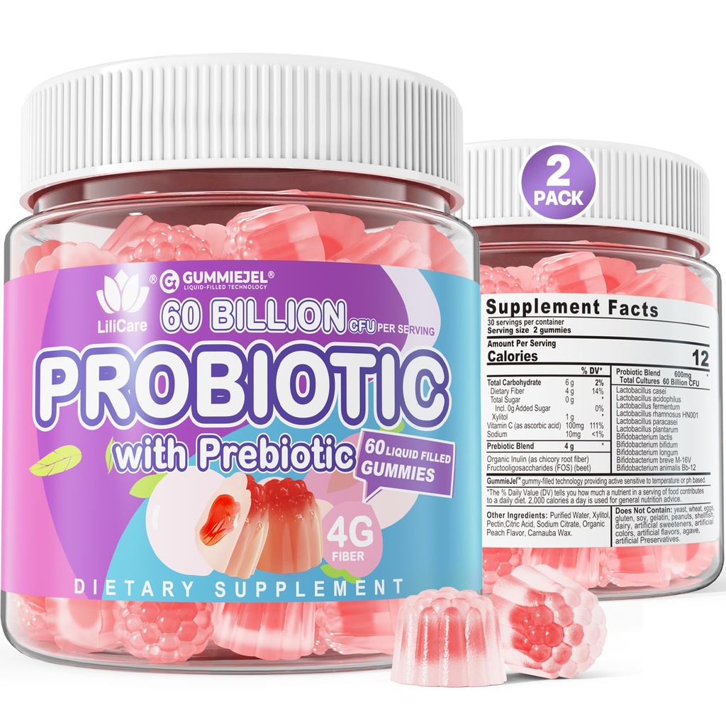 2Pack Probiootti + Prebiootit Gummies Sugar Free 60 miljardia PMY, 11 Kanta Probiootit Täytetyt Gumies naisten Ruoansulatus-ja suolistoterveyden, tukee ummetus, ripuli, kaasu & turvotus