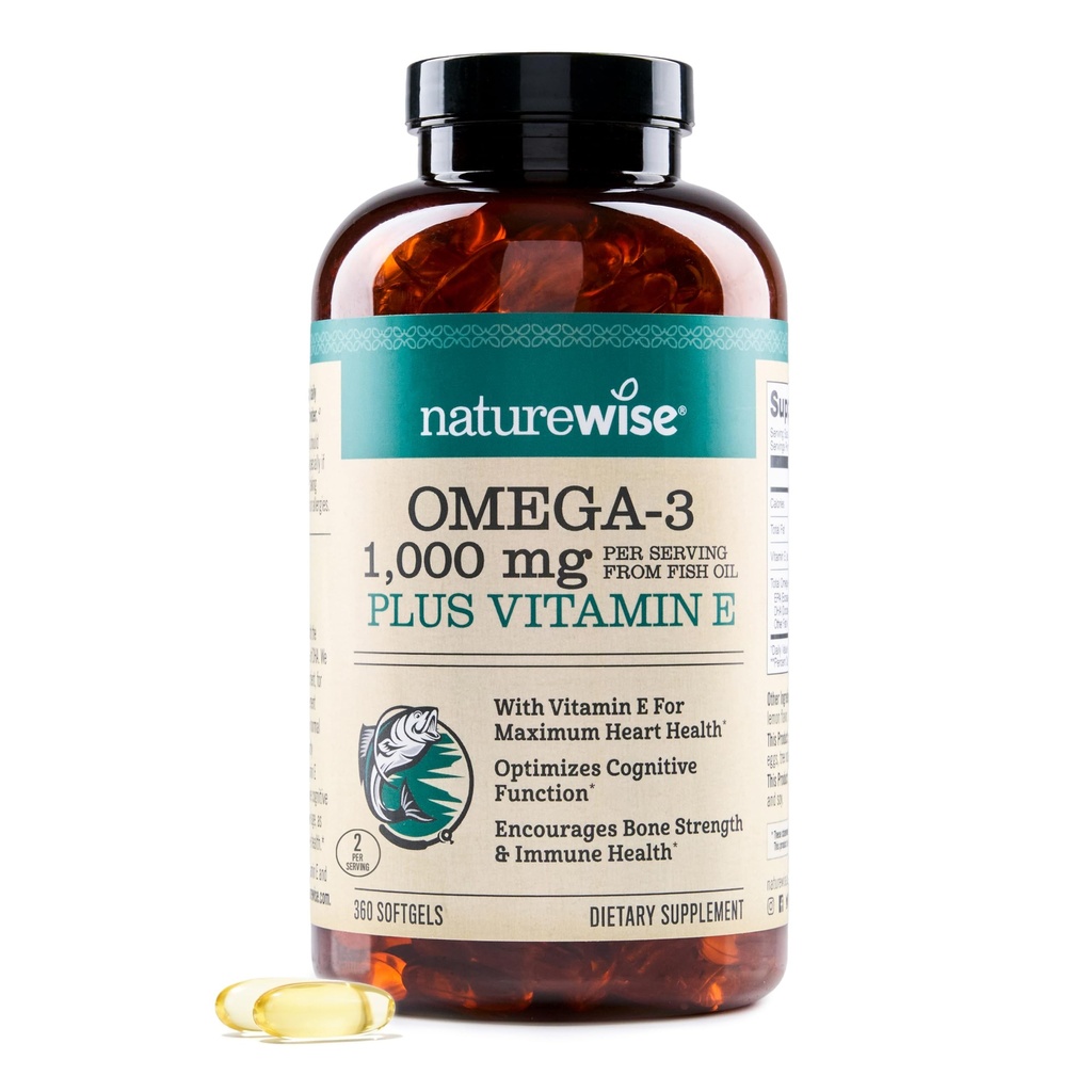 NatureWise Extra-Strength Omega 3 Fish Oil Supplement - 1000mg per Servering - 600 EPA & 400 DHA och Vitamin E - Stöd för hjärt- och hjärnhälsa - Lemon Flavor, GMO-Free - 360 Softgels[6-månaders leverans]