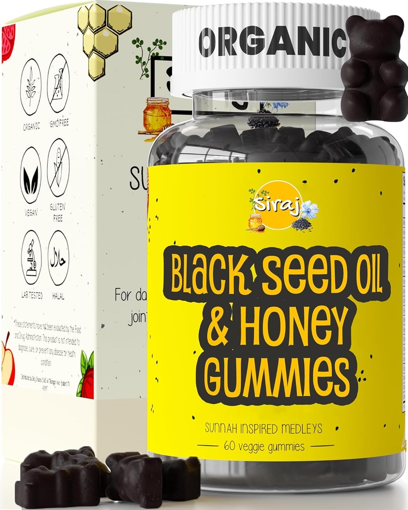 Siirappi Organic Black Seed Oil Gummies w/Honey &15% Thymokinoni ... Monivitamiinia immuunitukeen, stressinlievitys Gummy Vitamiineja ... Turmeeri, omenaviinietikka, monivitamiini Gummies