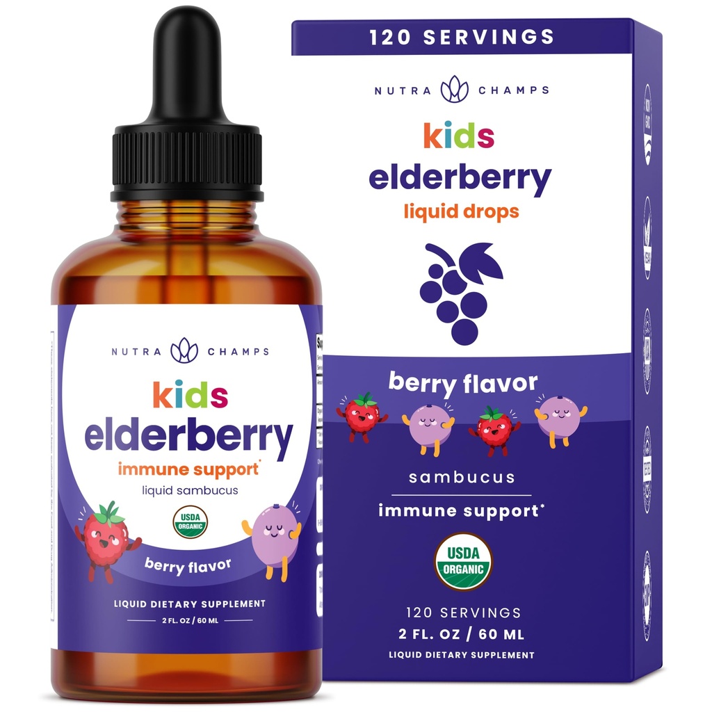 NutraChamps Musta Elderberry lapsille Liquid Drops, 10:1 Pura Sambucus Elderberry Syrup lapsille, Sokeriton Euroopan Elderberry Drops Berry Flavor, Immuunituki, 4 kuukauden tarjonta