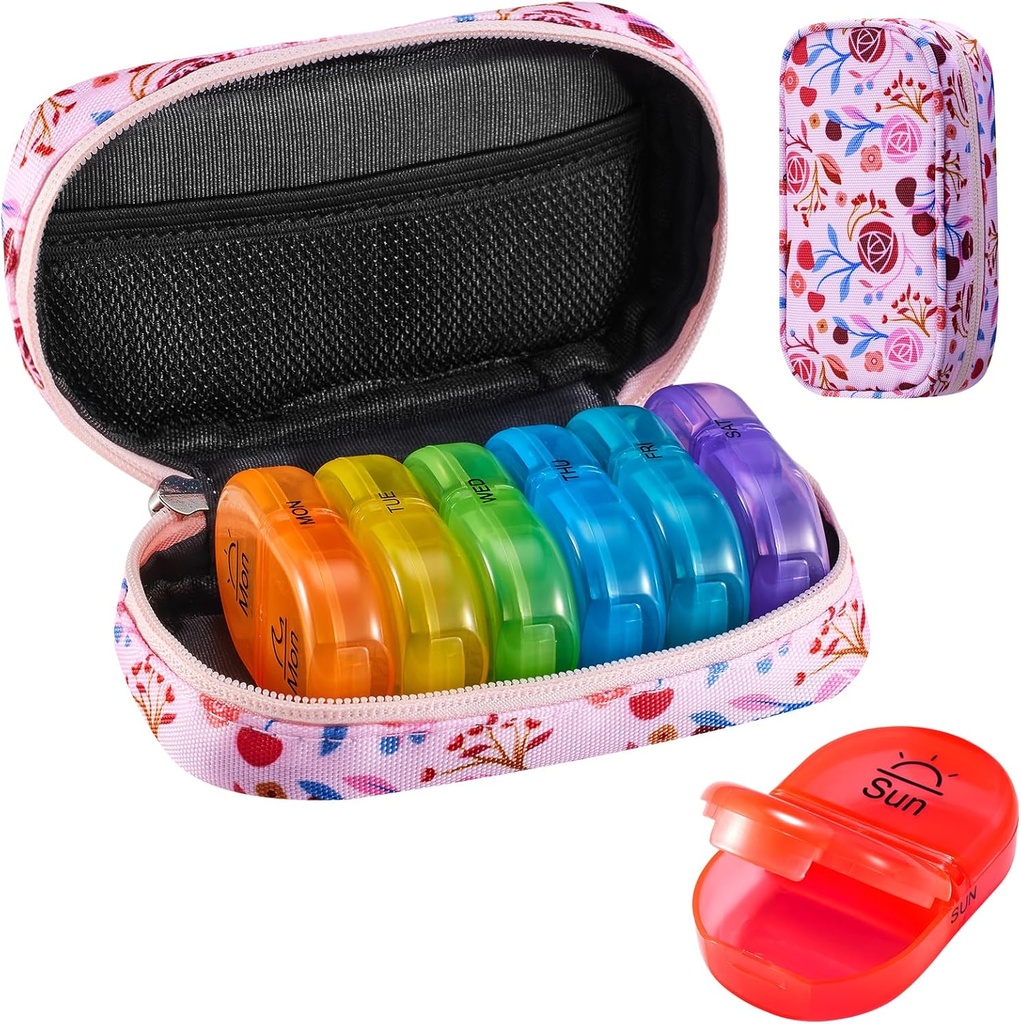 Serfeymi Weekly Travel Pill Organizer 2 gånger per dag AM PM Uppgraderad Rainbow Pill Box 7 Dag med Portable Zipper Canvas Pill Case, Medicine Organizer för piller, vitaminer, fiskoljor - Rosa 01
