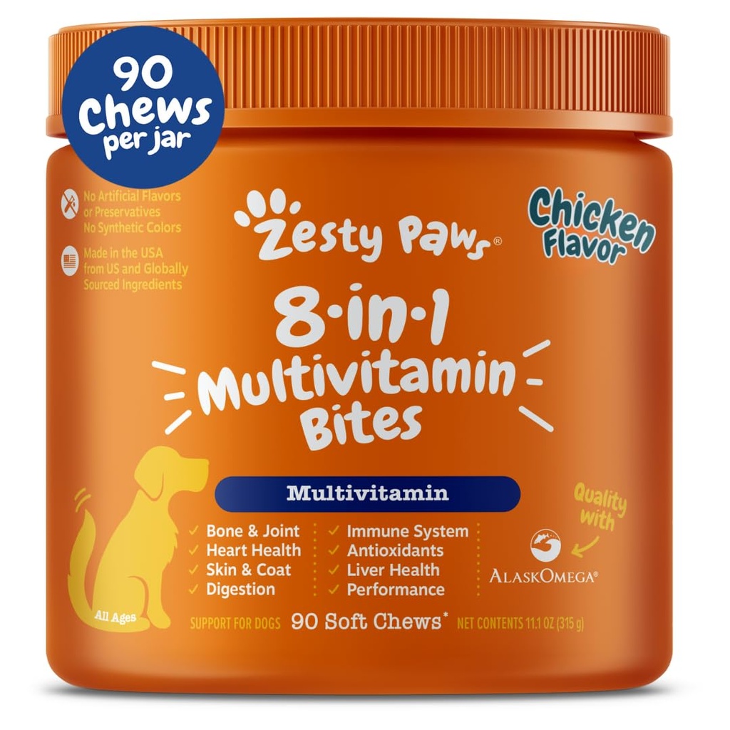 Zesty Tassut Koira Multivitamiini, pureskeltavat koiran vitamiinit ja lisäravinteet hip & nivelet, iho & takki, Omega 3 Kalaöljy koirille- Senior & Pentu Multivitamiini- Kana- 90ct