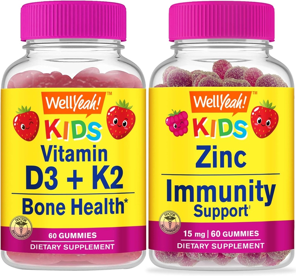 WellYeah Vitamin D3 + K2 Kids + Zink Kids 15mg, Gummies Bundle - Great Tasting, Vitamin Supplement, Gluten Free, GMO Free, Chewable Gummy