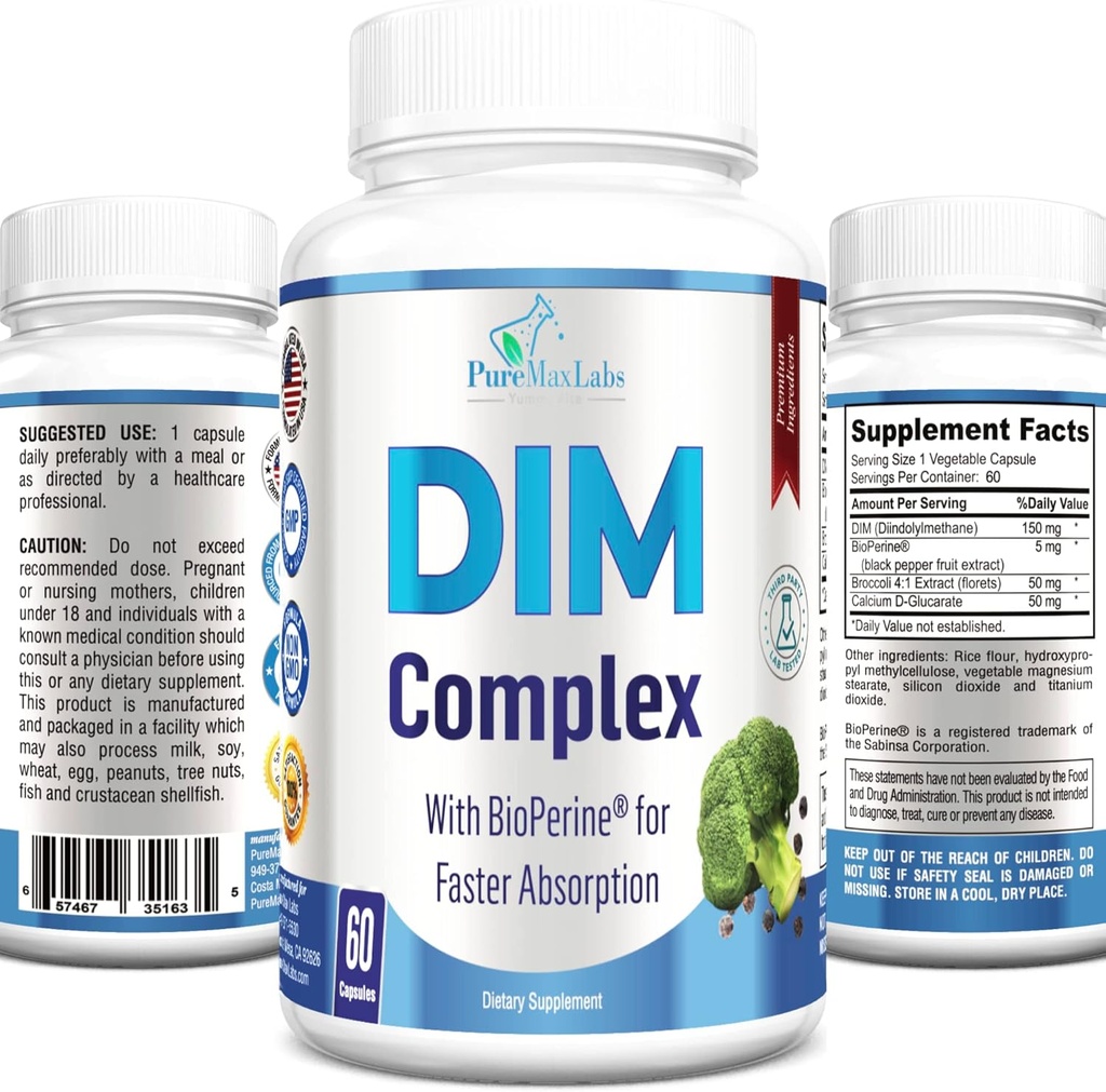 DIM-lisä 150 mg DIM (diindolyylimetaani), parsakaali, kalsium-D-glukaraatti ja bioperiini - miesten ja naisten hormonitasapaino, esterogeeni, menopaussitasapaino - 60 kapselia