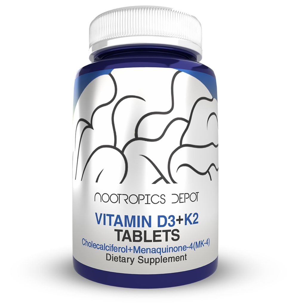 Nootropics Depot Vitamin D3 + K2 med vitamin C tabletter | 60 greve | Cholecalciferol + Menaquinone-4 (MK-4) | Mood, & Bone Health | Hälsosamt Calcium Absorption