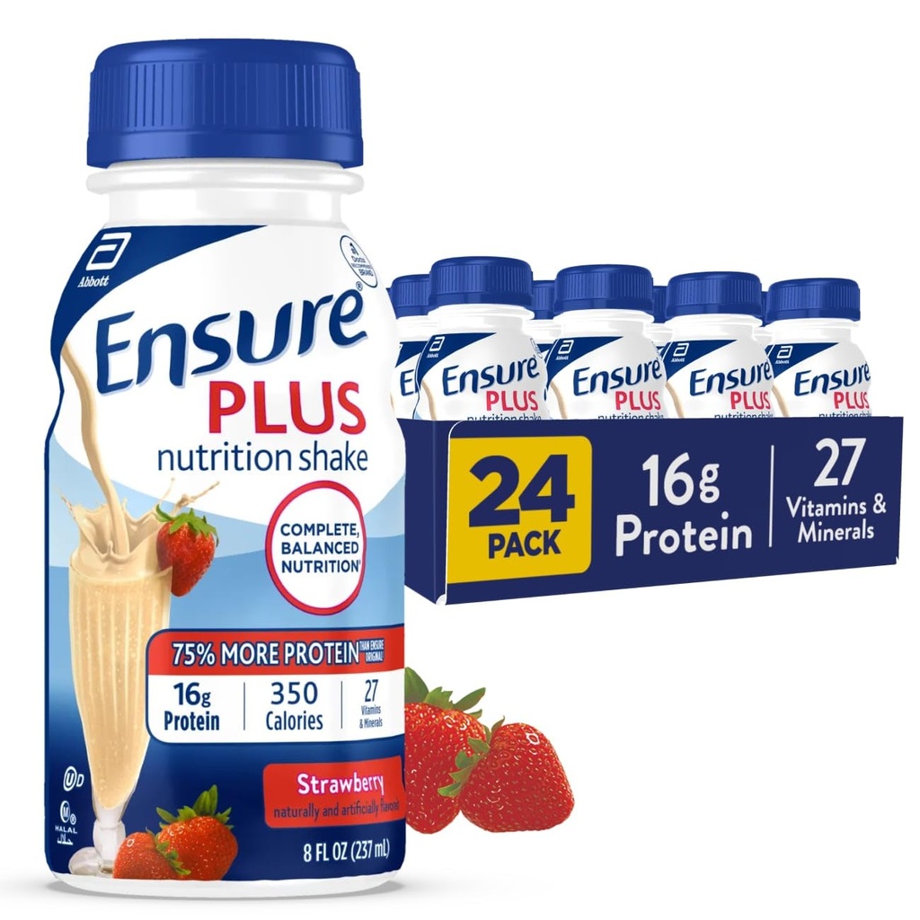 Säkerställ Plus Strawberry Nutrition Shake | Meal Replacement Shake | Redo att dricka | 16g protein och 27 vitaminer och mineraler | 8 fl oz - 24 Pack
