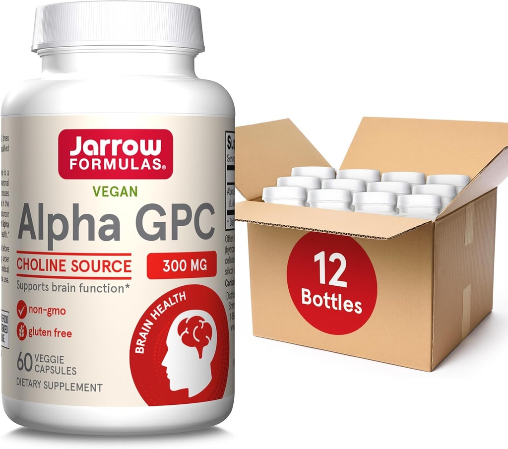 Jaarrow Formula Alpha GPC, 300mg, ravintolisä, Aivojen terveys täydentää aikuisille, 60 kasviskapselit, 30 päivän tarjonta (pakkaus 12)