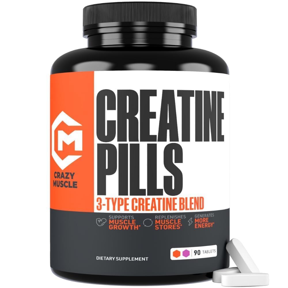 Hullu lihas Creatiini pillereitä, 5g 3X puhdasta kreatiini Monohydraattia, Pre harjoitus Bulk Lihasvoidetta, korkea imeytyminen Helppo ottaa ThreeAtine 3 tyyppi Optimum suorituskyky Lean kasvu, 90 tablettia