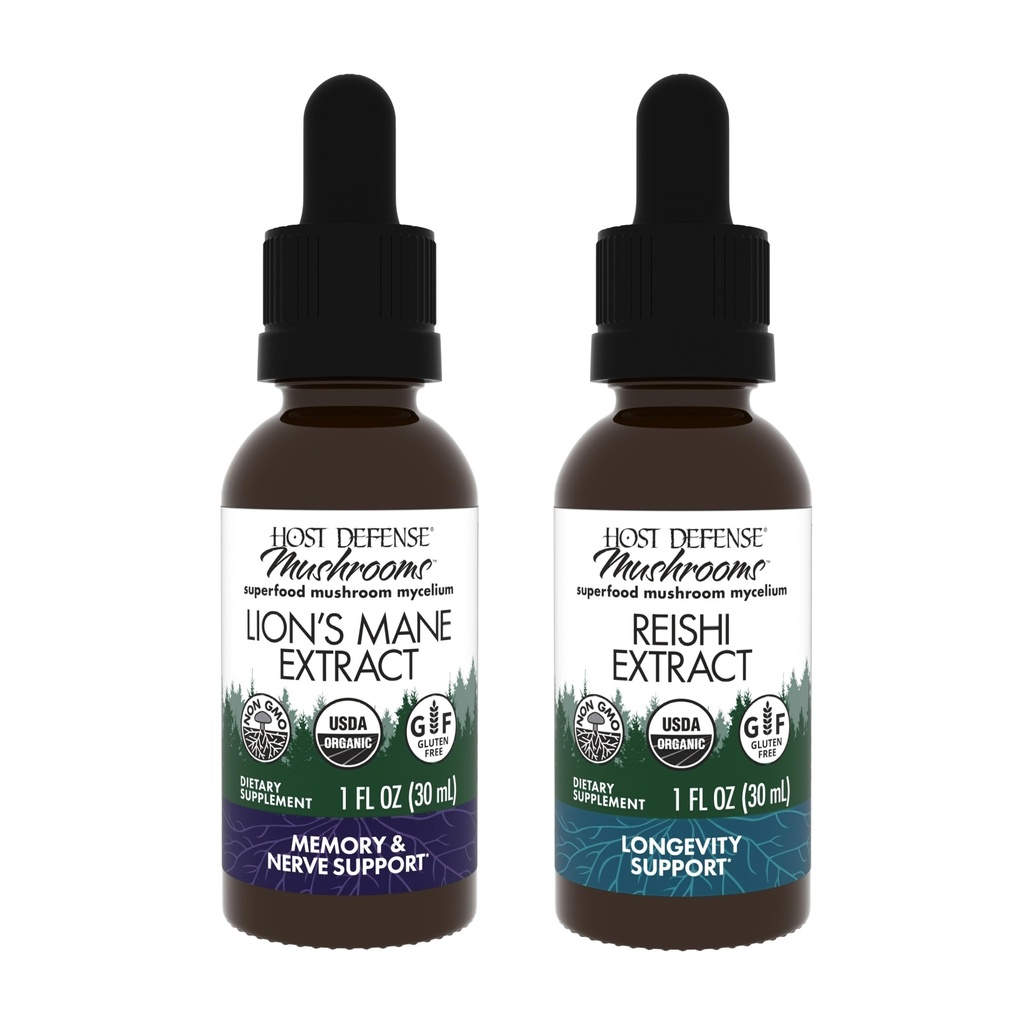 Host Defense Bundle kanssa leijonan mane Extract, 1 fl oz & Reishi Extract, 1 fl oz - Tuki aivojen terveys, muisti & Focus - Tuki sydän ja immuuni terveys *