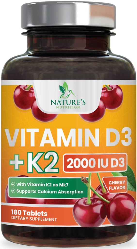 Vitamin D3 K2 2000 IU Plus med K2 (MK-7) 75 mcg - Vitaminer D & K Complex Supplement för ben, tänder, muskel, kalciumabsorption, stöder immun och hjärthälsa, icke-GMO Chewable Formel - 180 tabletter