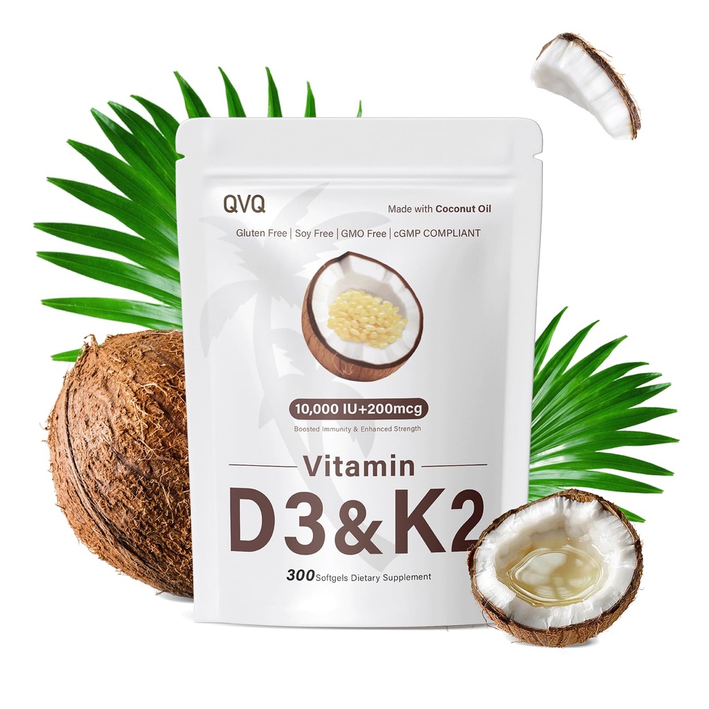 300 kpl 2 in 1 D3 10000 iu Plus K2 (MK-7) 200 mikrog Neitsyt Coconut Oil Softgels with vitamiins D & K Tukee kalsiumin imeytymistä, luu, immuuni, & Heart Health .