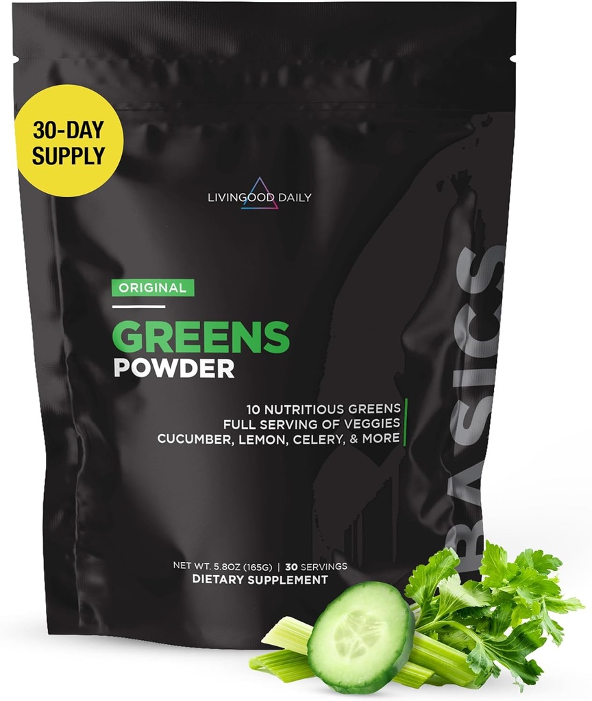 Livingood Daily Basic Greens Powder, Super Greens Drink Mix med Spirulina, Broccoli, Kale, Wheat Grass & Chlorella, Organic Vegetable Blend, Vegan, Gluten Free, Non GMO, 30 Servings