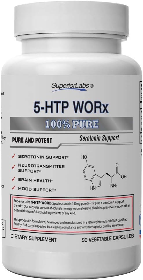 Superior Labs ... 5- HTP Worx - 150 mg Pure 5- HTP Plus Potent Serotoniini Blend - 90 Vihanneskapselit - serotoniinin vahvistin - välittäjäaine tuki - aivojen terveys - mielialatuki