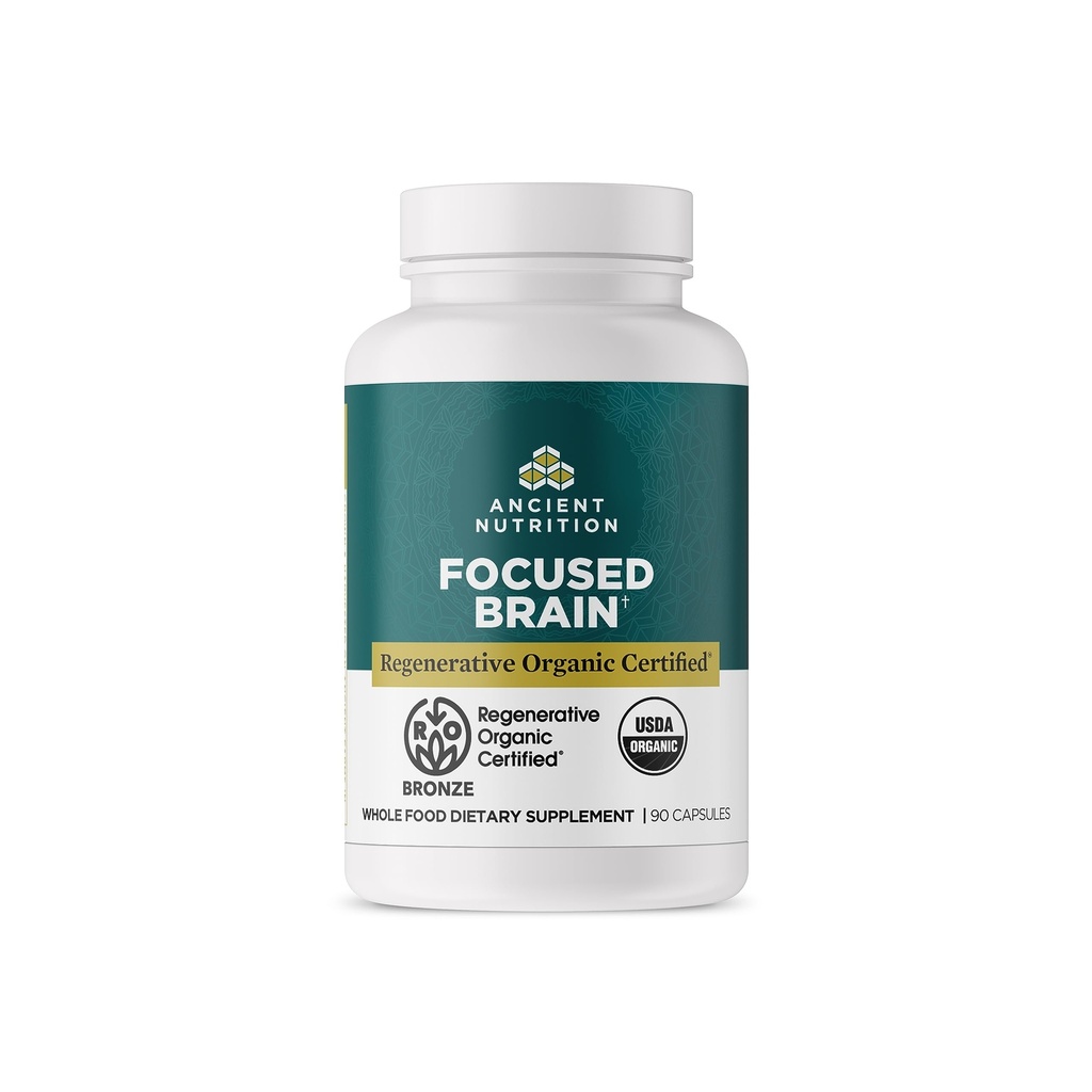 Ancient Nutrition Regenerative Organic Certified Focused Brain Capsules, Valmistettu Ginkgo Leaf, Leijonan Mane auttaa vähentämään stressiä, Gluteeniton, Paleo ja Keto Friendly, 90