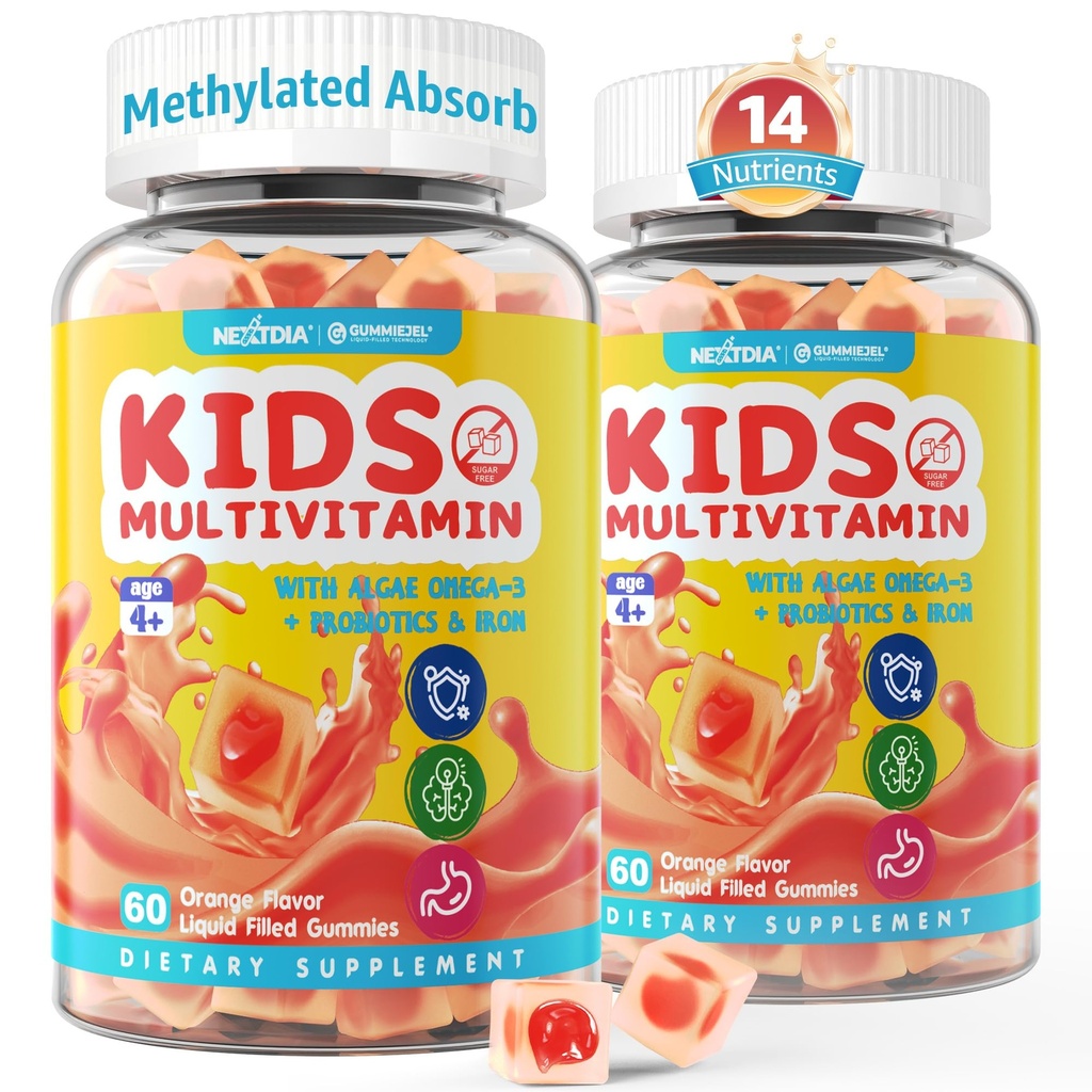 (2 pakkaus) Lapset Multivitamiini Gummies Iron, Sokeriton, Lapset Päivittäiset vitamiinit + Probiootit, Algae Omega 3 (EPA/DHA), A, C, D, Metyyli B12, Folaatti, B6, Sinkki, Biotiini, terveen kasvun, Immuunituki
