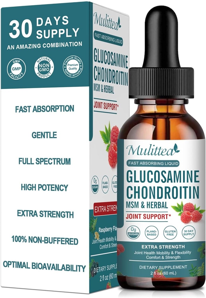 Glukosamiinikondroitiini MSM Liquid Drops-w/Elderberry, Boswelia & Hyaluronic Acid-Extra Strength Joint Support Supplement for Mobility, Joustavuus & Bones,High Absorption,60ml (2 fl oz)