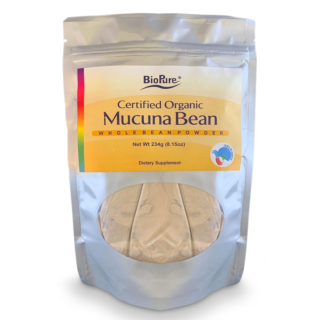 BioPure Certified Organic Mucuna Bean Powder - Naturlig Nootropic & Adaptogen Supplement med Dopamin & Serotonin för att stödja hjärnhälsa, kroppens stressrespons och övergripande Wellness - 8,15 oz