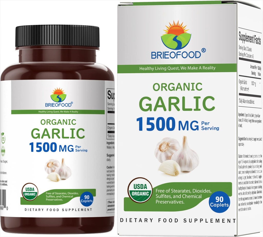 Brieofood Luomu Valkosipuli 1500 mg, 45 Tarjoilu, Kasvisruoka, Gluteeniton, 90 Kasvisruoka Tabletit