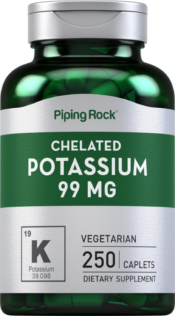 Piping Rock kelated Kalium Supplement 99mg ... 250 Caplets... Kaliumglukonaatti... Kasvisruokaa...
