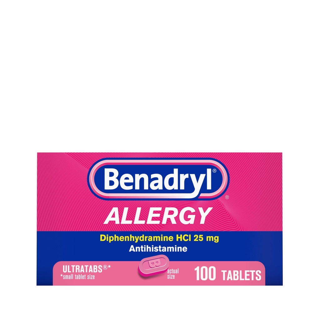 Benadryl Ultratabs Allergy Medicine, 25 mg Difenhydramiini HCl Antihistamiini Tabletit kylmän ja allergian oireiden lievittämiseen kuten aivastelu, runny nenä, kutiava silmä ja kurkku, heinänuha, 100 kreivitablettia