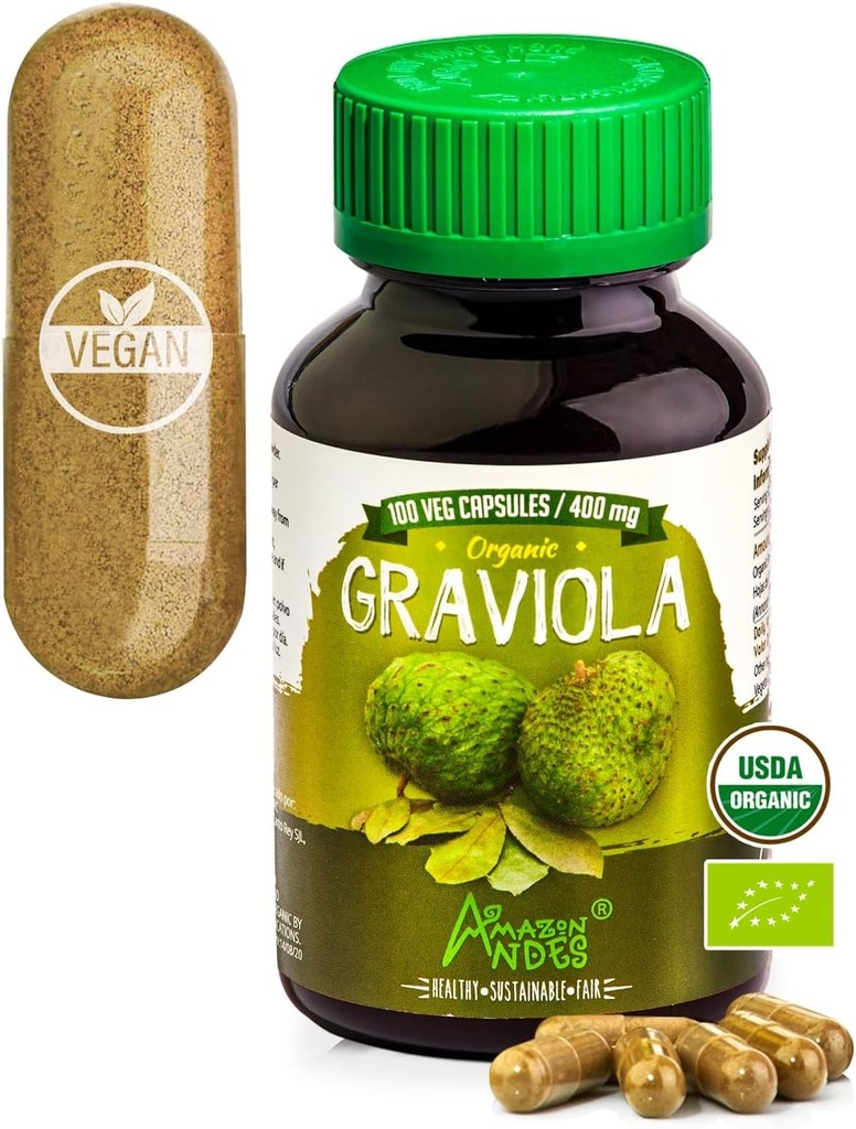 Andes Graviola kapselit - Rikas C-vitamiinia & kuitua - Immuunijärjestelmän stimuloija - Terve Cell toiminto - Vegaani, Ei GMO, Gluteeniton, Reilun kaupan Certified - 100 Soursop pillereitä (400 mg)