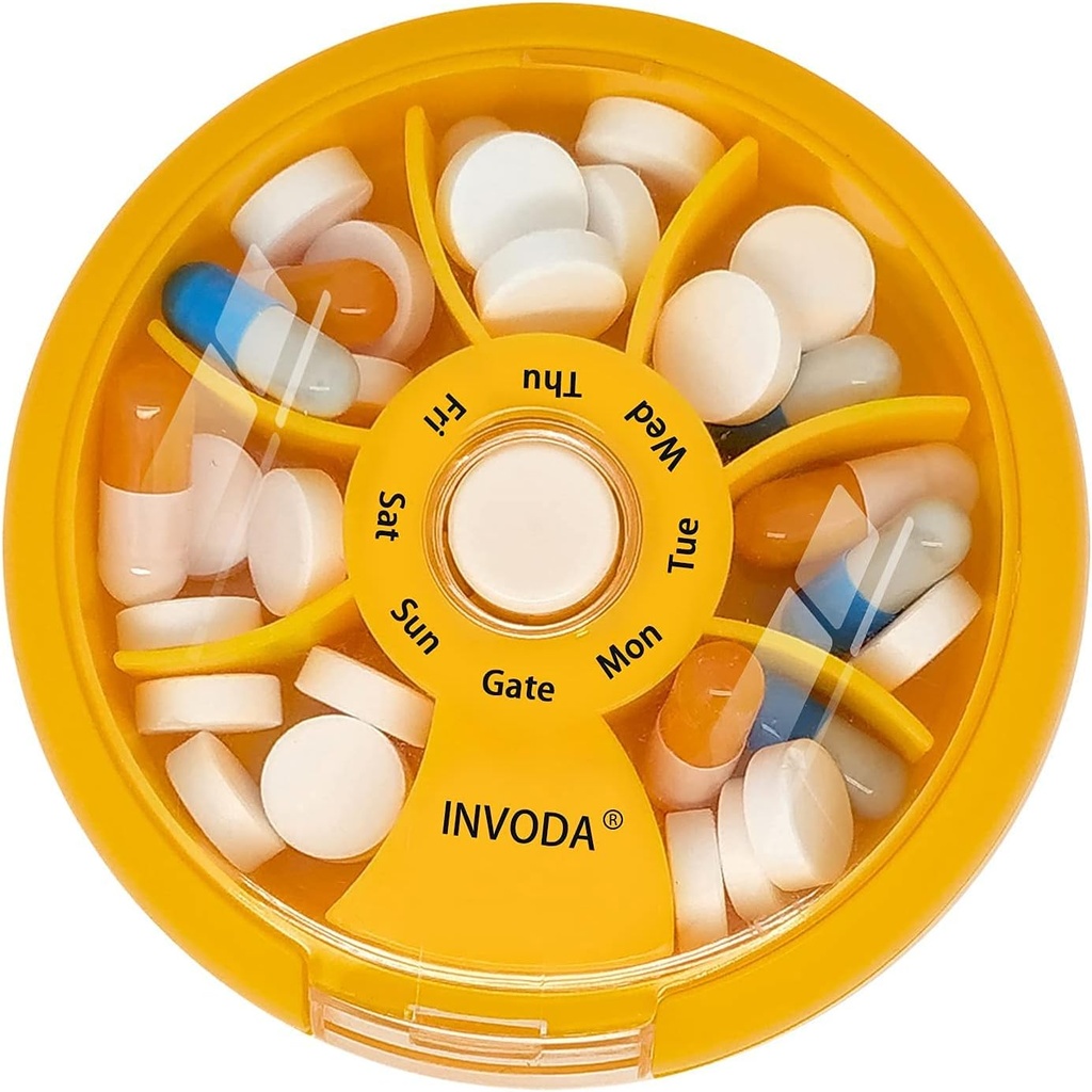 INVODA Weekly Pill Organizer 7 Compartment Rotating Pill Box för daglig medicinering och vitaminer - Portable Travel Pill Case Fish Oil Supplements Vitamins Organizer (Orange)