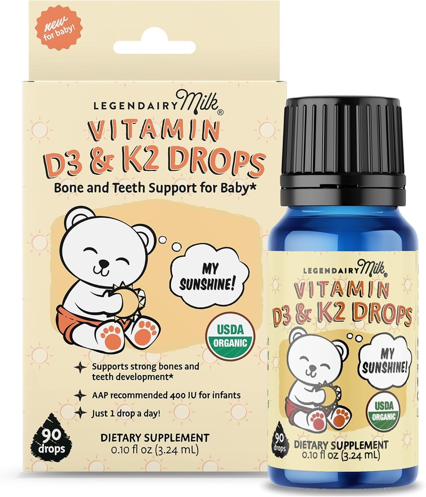 Legendairy Milk Organic Baby D3 K2 Liquid Drops, 400 IU Baby Vitamiini D Drops lapsille K2 Drops, Vitamiini D Drops vastasyntyneille, Toddlers, ja lapset, Vegan, 90 Drops Liquid