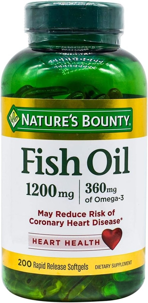 Naturens Bounty Fish Oil, stöder hjärthälsa, 1200 Mg, snabb frisättning Softgels, 200 Ct