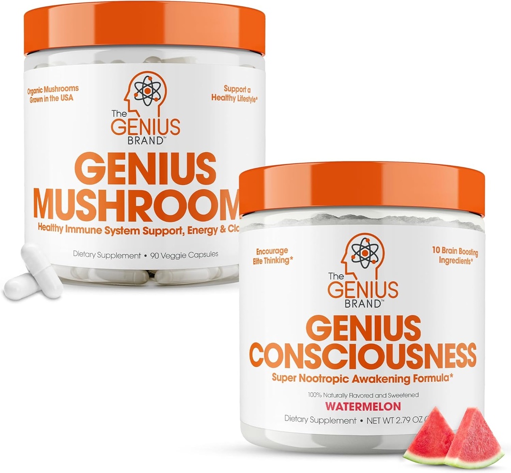 Genius Brand - Nootropic Supplement Bundle - Mushroom and Consciousness - Stöder Immune System, Fokus, Energi och Brain Booster