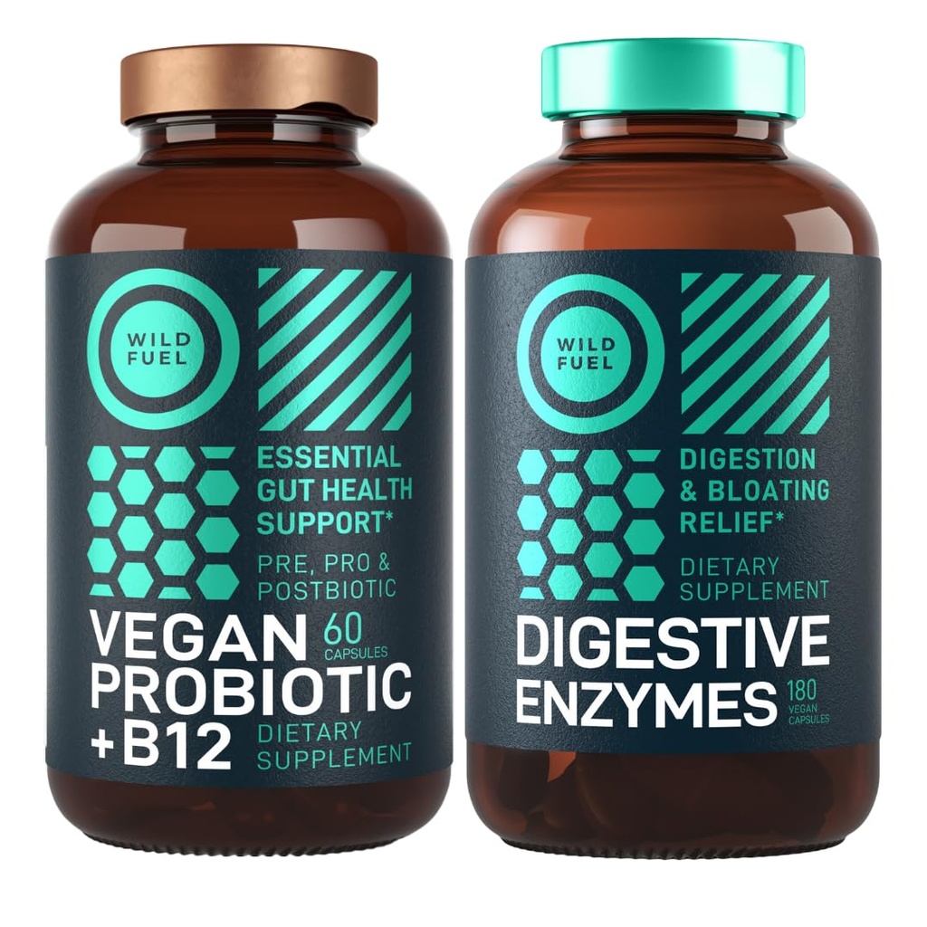 Digestive Enzymer med probiotika och prebiotika och Vegan Probiotic Plus B12 Förbättrad Digestive och Gut Health Bundle