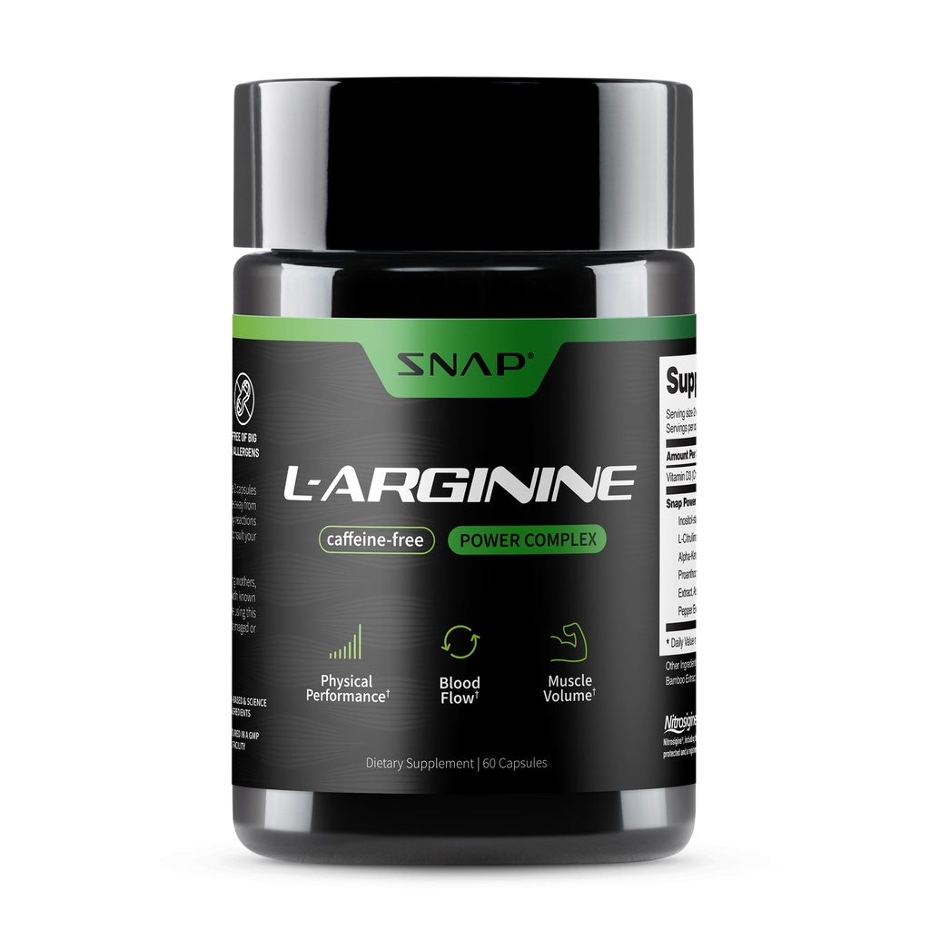 Snap Supplements L Arginine Capsules - Stöder naturlig energi, ökad blodflöde och muskeltillväxt och kardiohälsa, 60 vegetariska kapslar (30 portioner, 1 månads leverans)