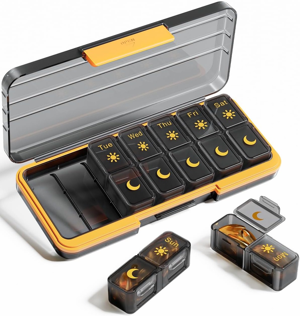 AM PM Pill Organizer 2 Times A Day, 7 Day Pill Box Weekly Pill Organizer Travel med separat behållare, Portable Daily Medicine Planner Dispenser Case för vitamin, fiskoljor, kosttillskott (BlackGold)