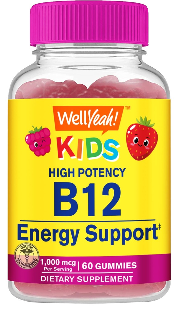 WellYeah Vitamin B12 Gummies for Kids - Boost Energy, förbättra hjärnfunktionen och stärka immunsystemet - Icke-GMO, Gluten-Free - Great Tasting Berry Flavor - Lätt att tugga - 60 Gummies