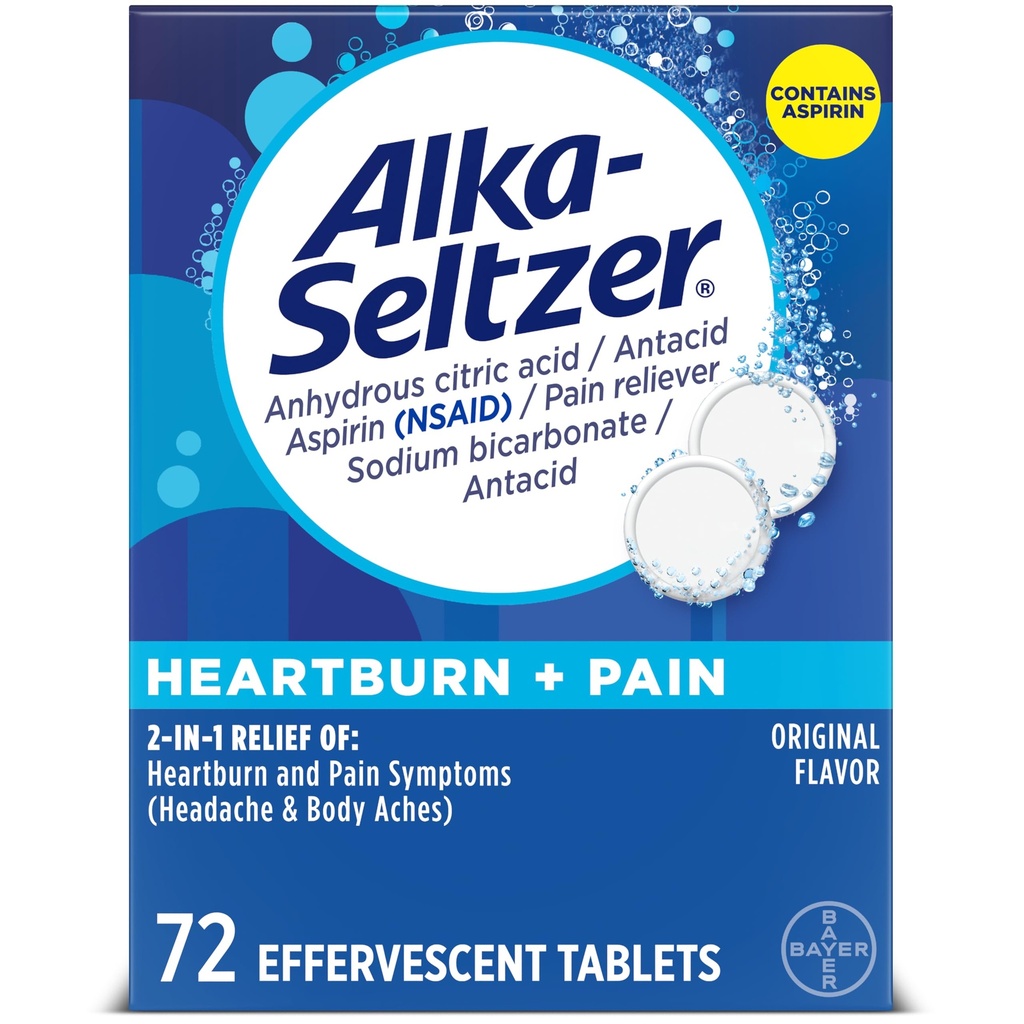 Alka-Seltzer Heartburn + Smärta Effervescent Aspirin + Antacid Tablets, Fast Heartburn Relief och Acid Indigestion Relief, Smärta Relief med Aspirin, 72 Ct