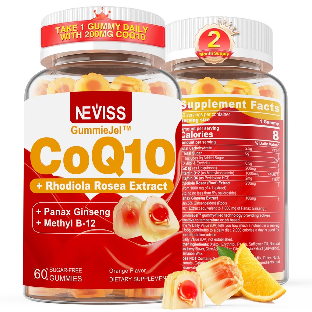 Sokeriton CoQ10-200mg 400mg Täytetyt Gummies - 2 kuukautta Supply - w/ B12 1000 mcg, Rhodiola Rosea & Panax Ginseng, B6, Coenzyme Q10 Supplement for Hear-t, Energy, Antioksidantti, Ultraabsorptio