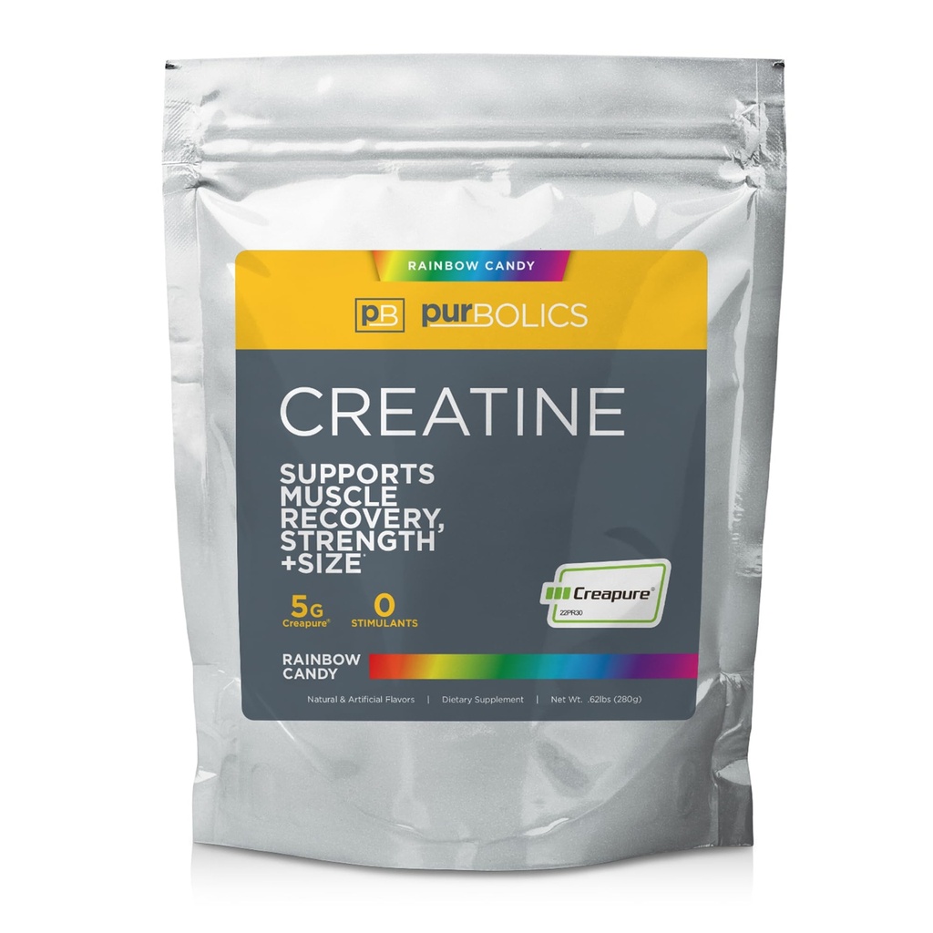 Purbolics Creapure Creatiini Monohydraatti, Micronized Creatiini 5g, Kohonnut harjoittelu suorituskykyä ja hyödyntämistä, Rakentaminen vahvuus, parantaa pumppuja (50 tarjoilua, sateenkaari karkki)