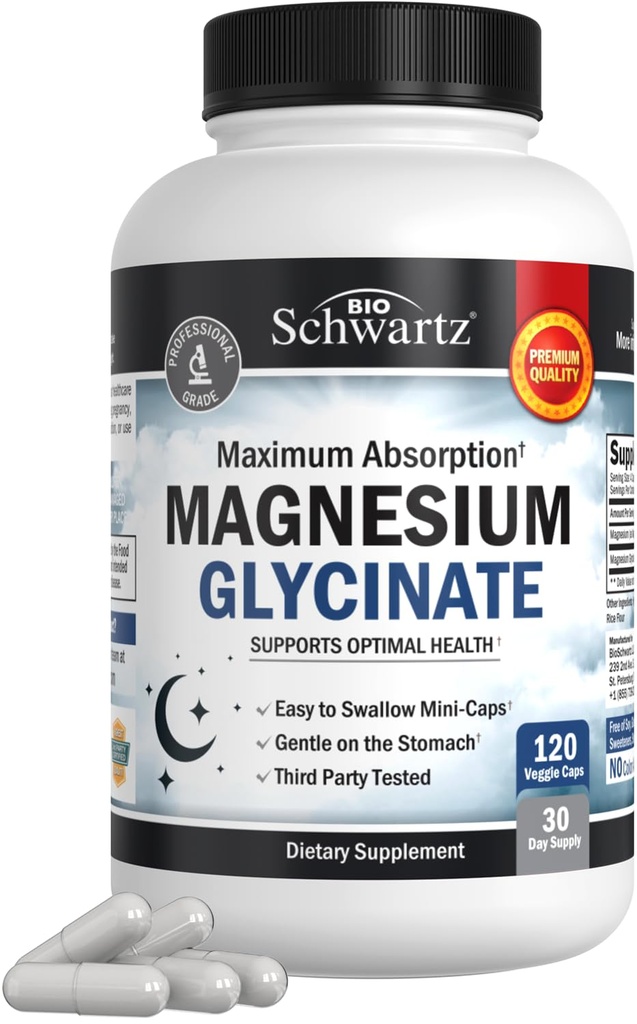BioSchwartz Magnesium Glycinate 500mg Capsules (120 Mini Caps) Maximum Absorption Magnesium Supplement för Hälsosamma nervmuskler Hjärt humör och sömnstöd (Vegan, Gluten-Free, Non-GMO)