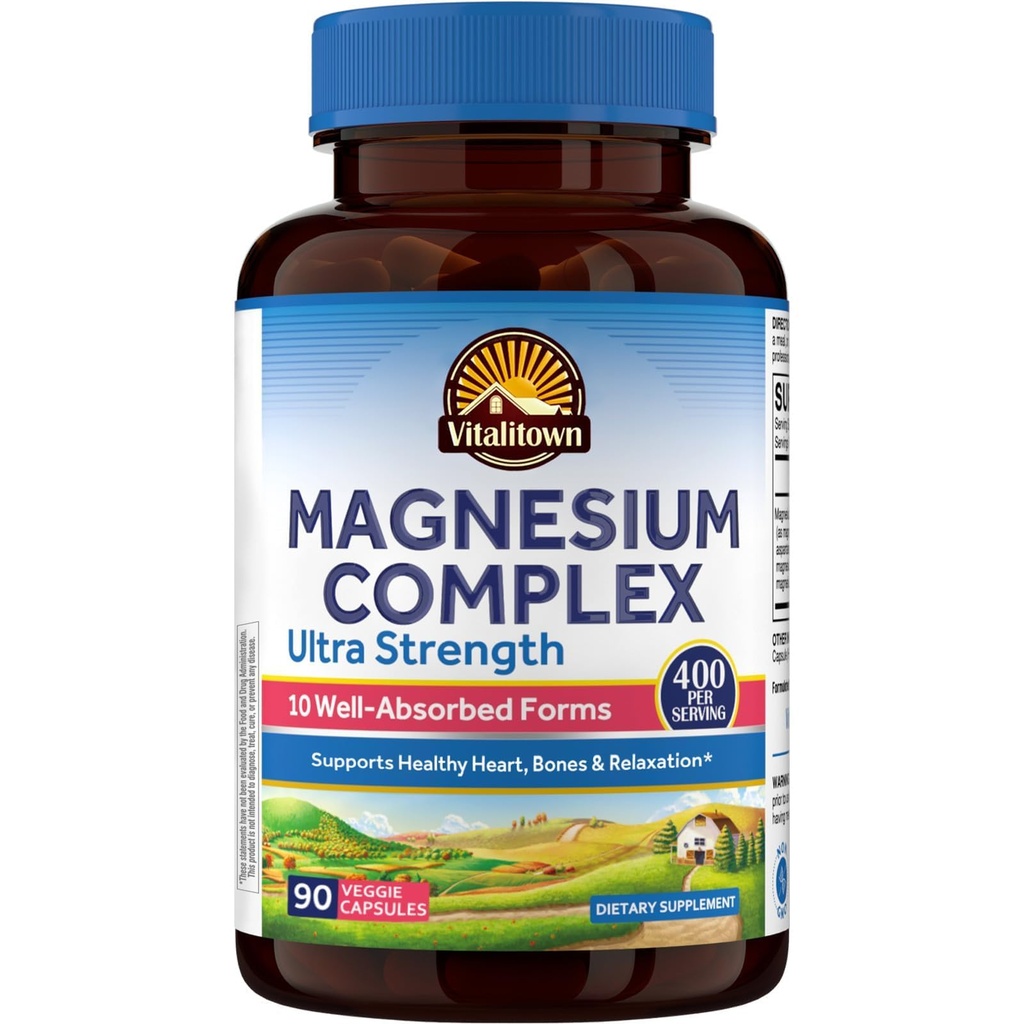 Vitalitown 10 in 1 Magnesium Complex Supplement - 400 mg Elemental Magnesium kelated with Glycinate, Citrate, Malate, Taurate & More - for Sleep Heart Energy - Ei-GMO, Vegan, 90 Caps