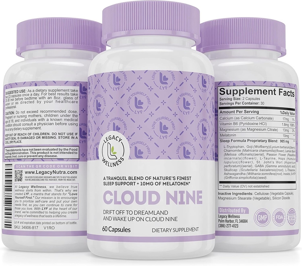 Cloud 9 - All Natural Sleep Aid Supplement - Rentouttava Vitamiini & Kasviperäisiä Formula - 10 mg Melatoniini Kalsium Magnisium L-Theanine 5-HTP GABA St. John's Wort Ashwagandha Chamomile & More 60 Vegan Kapselit
