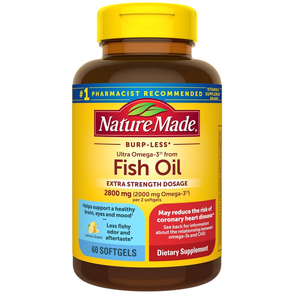 Nature Made Extra Strength Omega 3 Fish Oil Lisäravinteet, 2800mg, Fish Oil Omega 3 Lisäravinteet Etyyli Esters for Healthy Heart, aivot, silmät, Mielialatuki, 60 Softgels, 30 päivän tarjonta