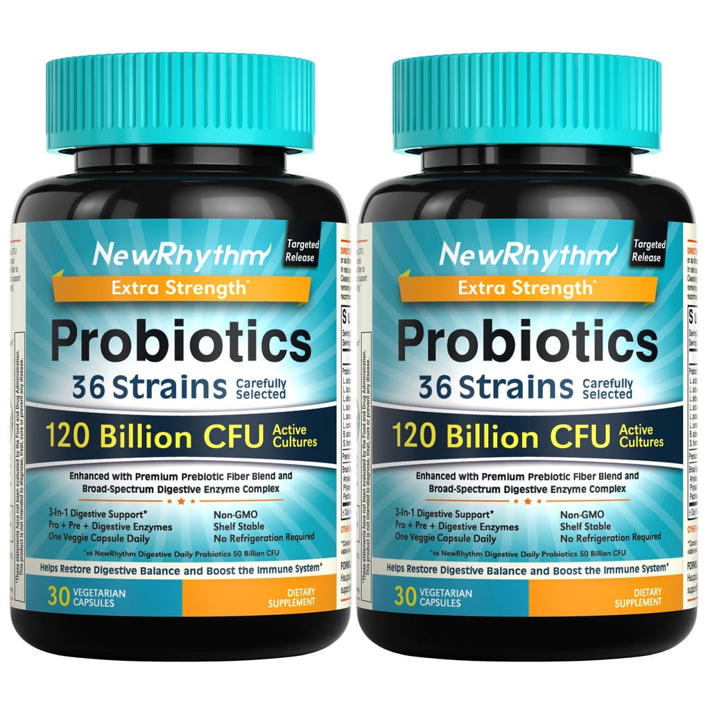 NewRhythm Probiotics 120 miljarder CFU 36 Stammar, 3-i-1 Probiotika för Digestive Health & Immune Support med Prebiotics & Enzymes, Probioticos för kvinnor och män, Vegan Targeted Release Supplement, 60ct
