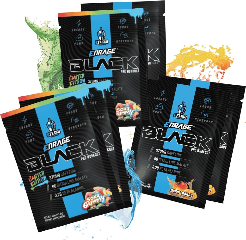 eFlow Nutrition ENRAGE Black Preworkout Sample Packs - Travel Packs - High Stim Energy, Pump, Styrka, Uthållighet, Fokus, Nootropic Formel - Sour Gummy & Sour Mango Flavor (6 Packs)