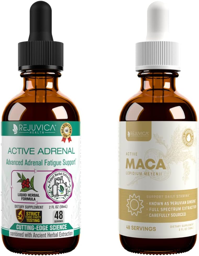 Rejuvica Health Active Adrenal + Aktiivinen Maca - Tuki energia + stressi - Nesteen toimitus parempaan imeytymiseen - Rhodiola, Maca, Pyhä Basil, Ashwagandha & enemmän!