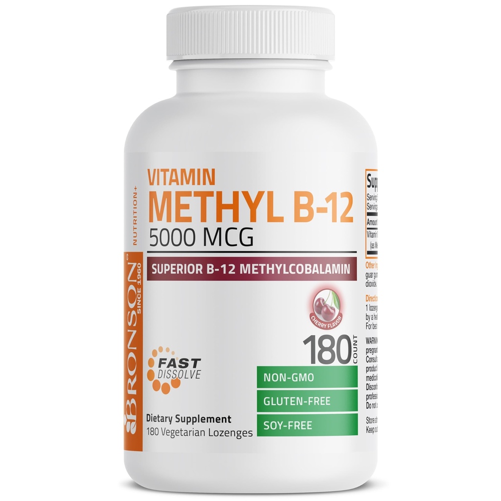 Bronson Methyl B12 5000 mikrog B12 Methylcobalamin Energy & Brain Support, 180 lozenges